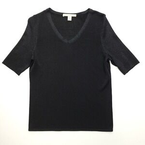 Belford Sweater Women Large Black Silk Cotton Metallic Short Sleeve V-Neck Knit‎
